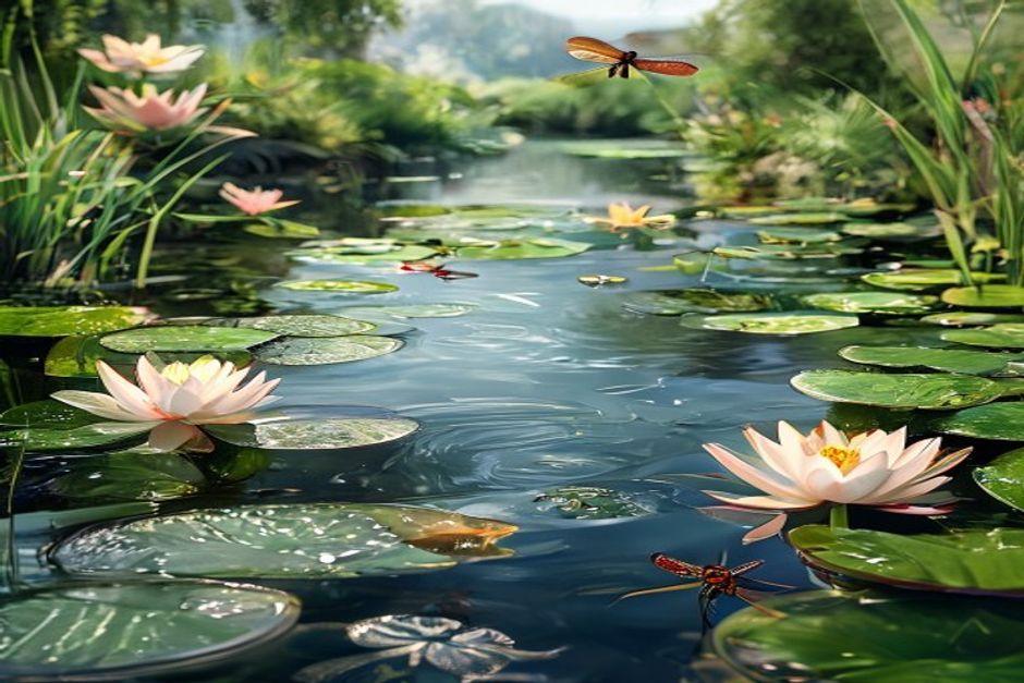 Kiegyensúlyozott természetes tó tiszta vízzel, tavirózsákkal és parti növényekkel egy erdélyi kertben