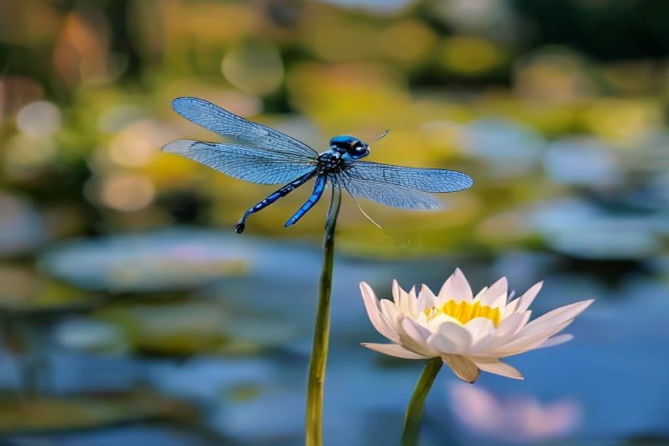 Szitakötő vízi növényen a természetes tó szélén