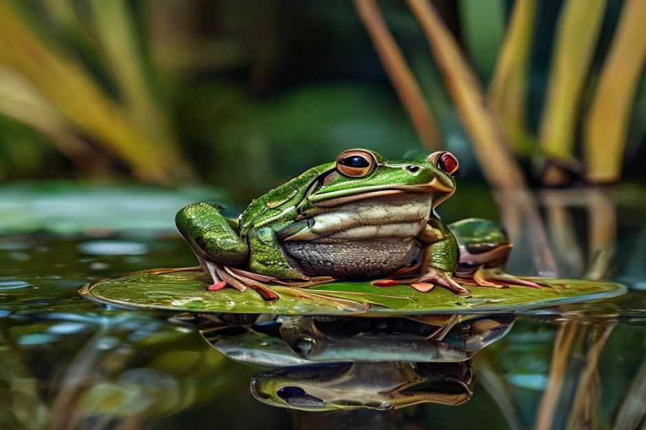 Béka a természetes tóban vízi növények között