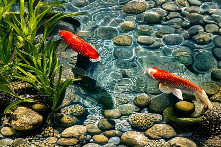 Koi halak úsznak egy természetes tó kristálytiszta vizében