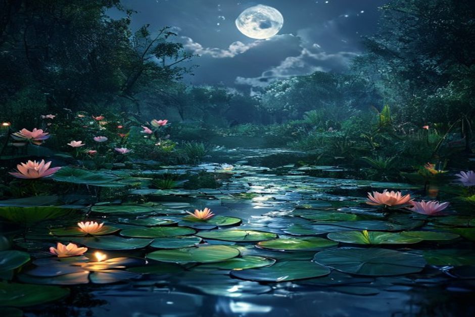Garden pond at night with moonlight effect over water lilies