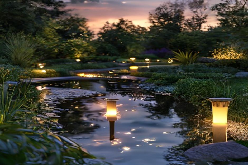 Garden pond with perimeter lighting at dusk, illuminated bollards reflected in water