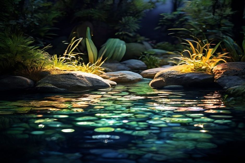 Underwater LED lights illuminating a natural pond at night with warm reflections on stones