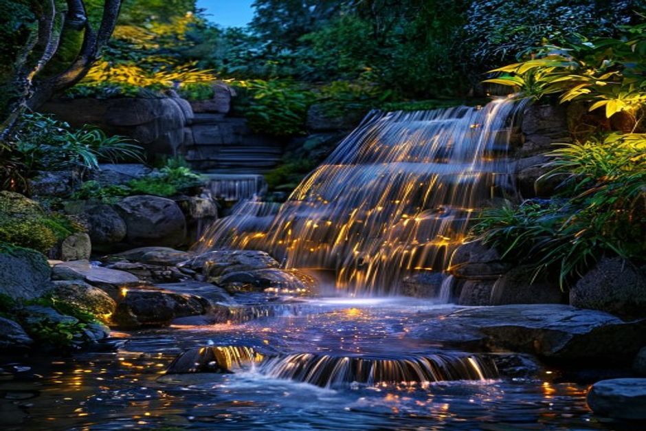 Garden waterfall illuminated at night with LED spotlights
