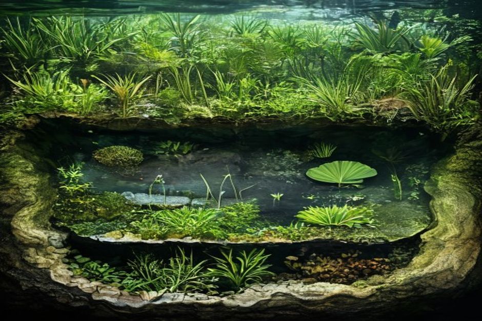 Cross-section of a natural pond showing depth zones with aquatic plants