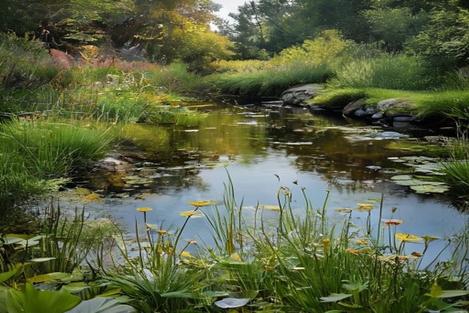 Natural pond bank with gentle slope and native marginal plants