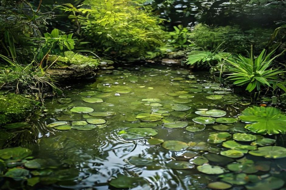 Too-small garden pond with green water and overcrowded fish