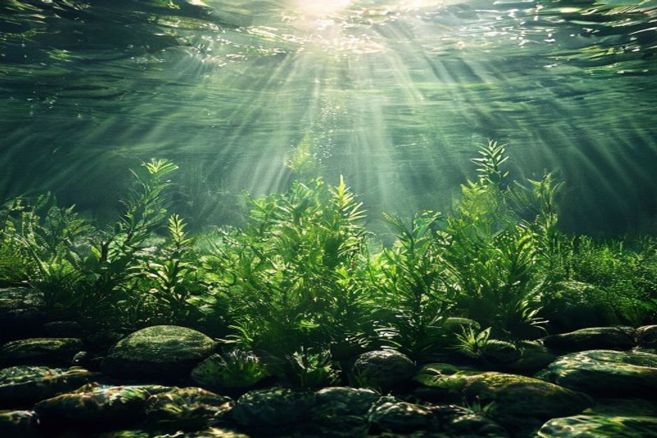 Merülő vízi növények egy romániai természetes tó tiszta vizében