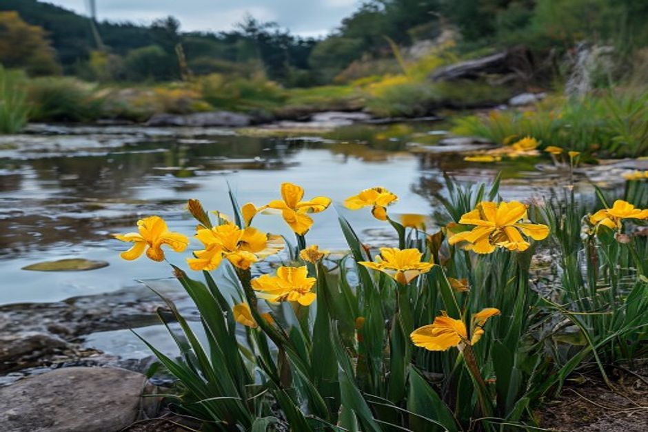 Iris pseudacorus - sárga vízi írisz virágzásban egy természetes tó szélén