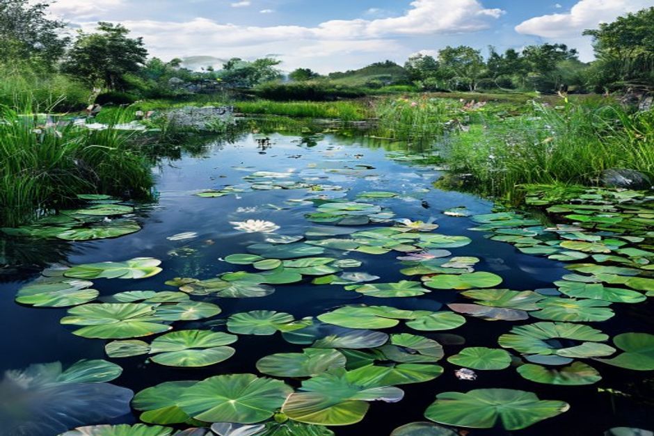 Természetes tó különálló ültetési zónákkal - mély víz, parti és mocsári zóna