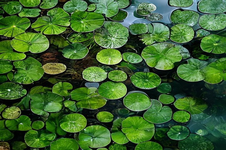 Tavirózsa-levelek lebegnek egy természetes tó felszínén