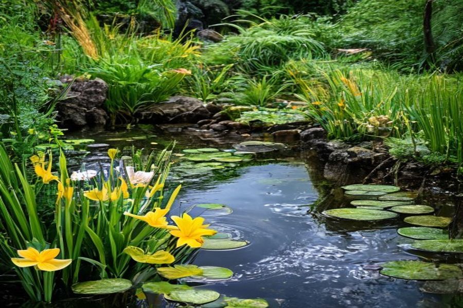 Természetes tó tavirózsákkal és vízi növényekkel borítva