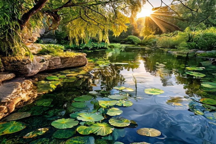 Természetes tó szomorúfűzekkel és tavirózsákkal – egyensúlyban lévő vízi ökoszisztéma