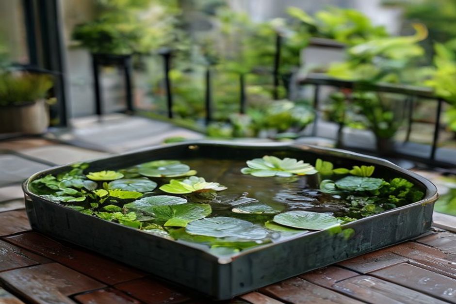 Mini iaz în container pe terasă urbană cu nufăr miniatural