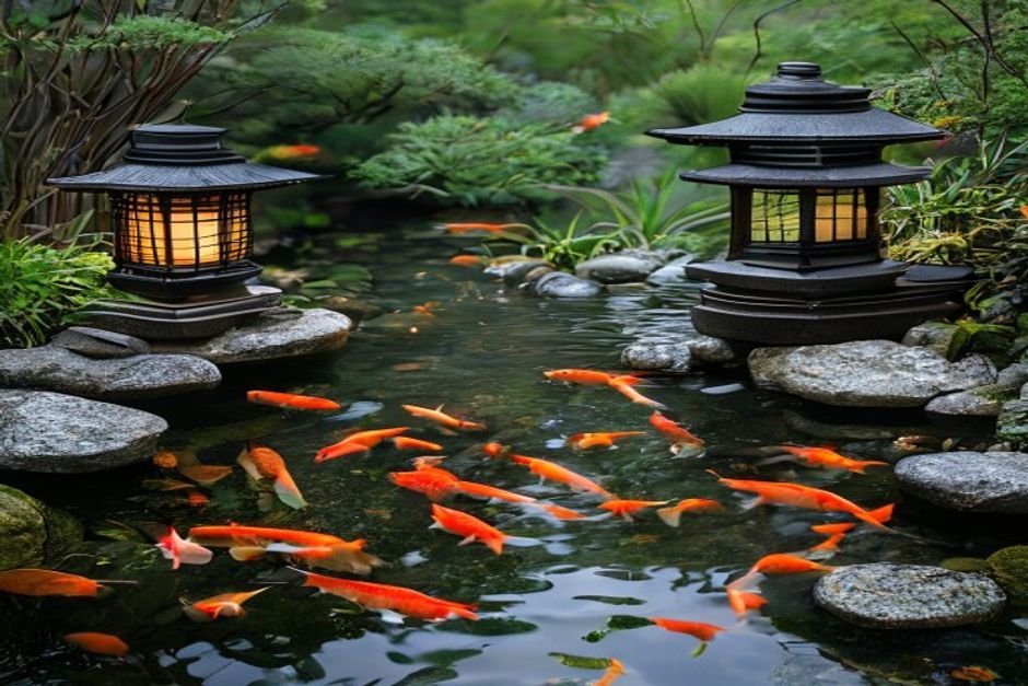 Iaz în stil japonez cu lanternă de piatră și pești koi