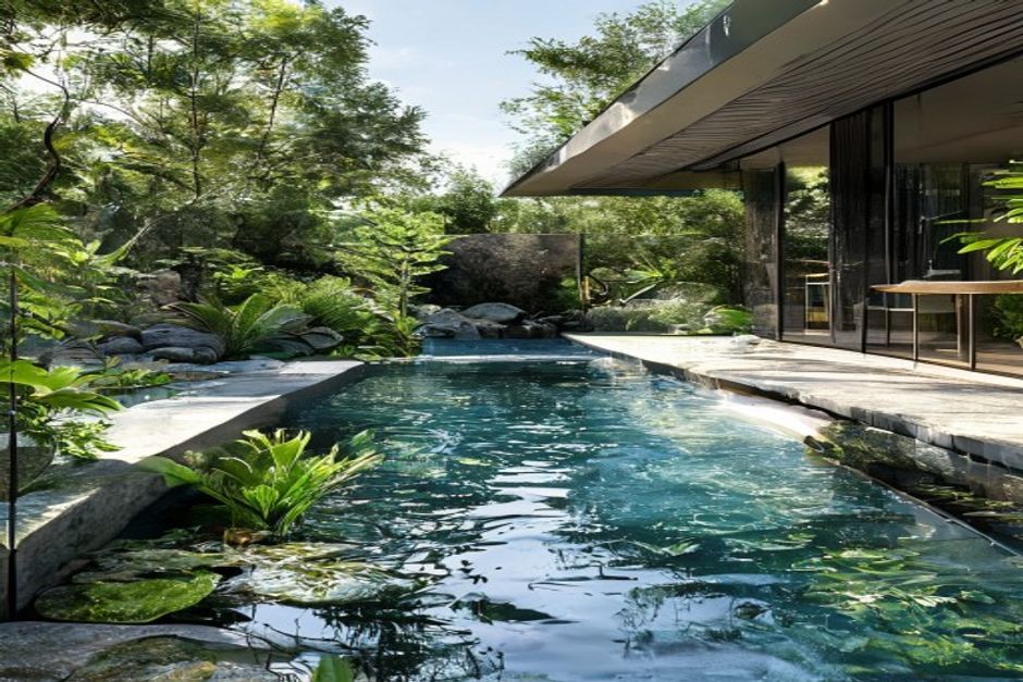 Piscină naturală modernă cu zonă de regenerare și plante acvatice