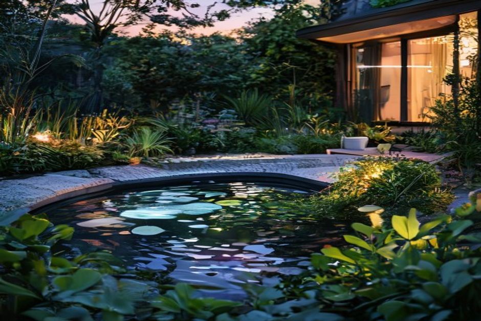 Iaz modern cu iluminare LED subacvatică la apus