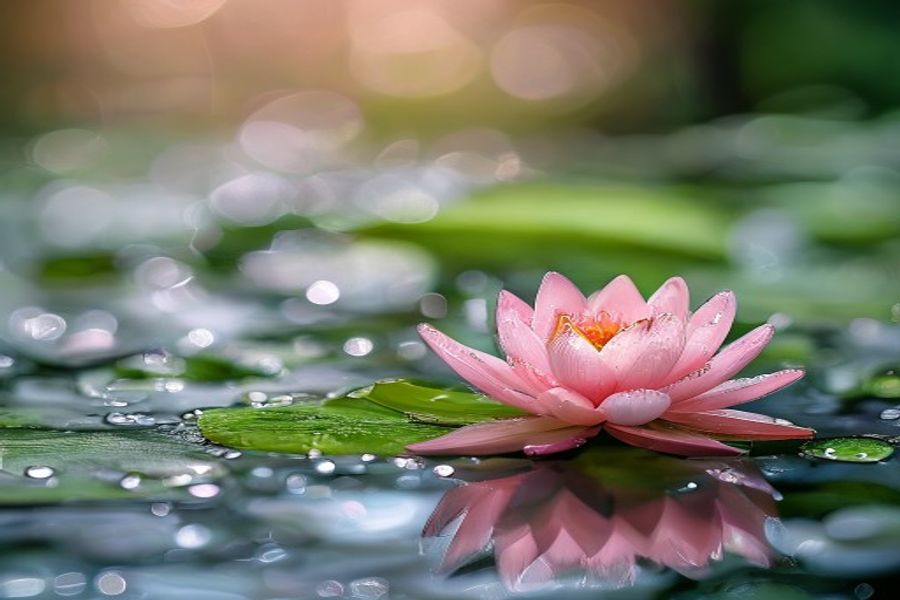 Rózsaszín tavirózsa (Nymphaea) virágzik egy természetes tó felszínén